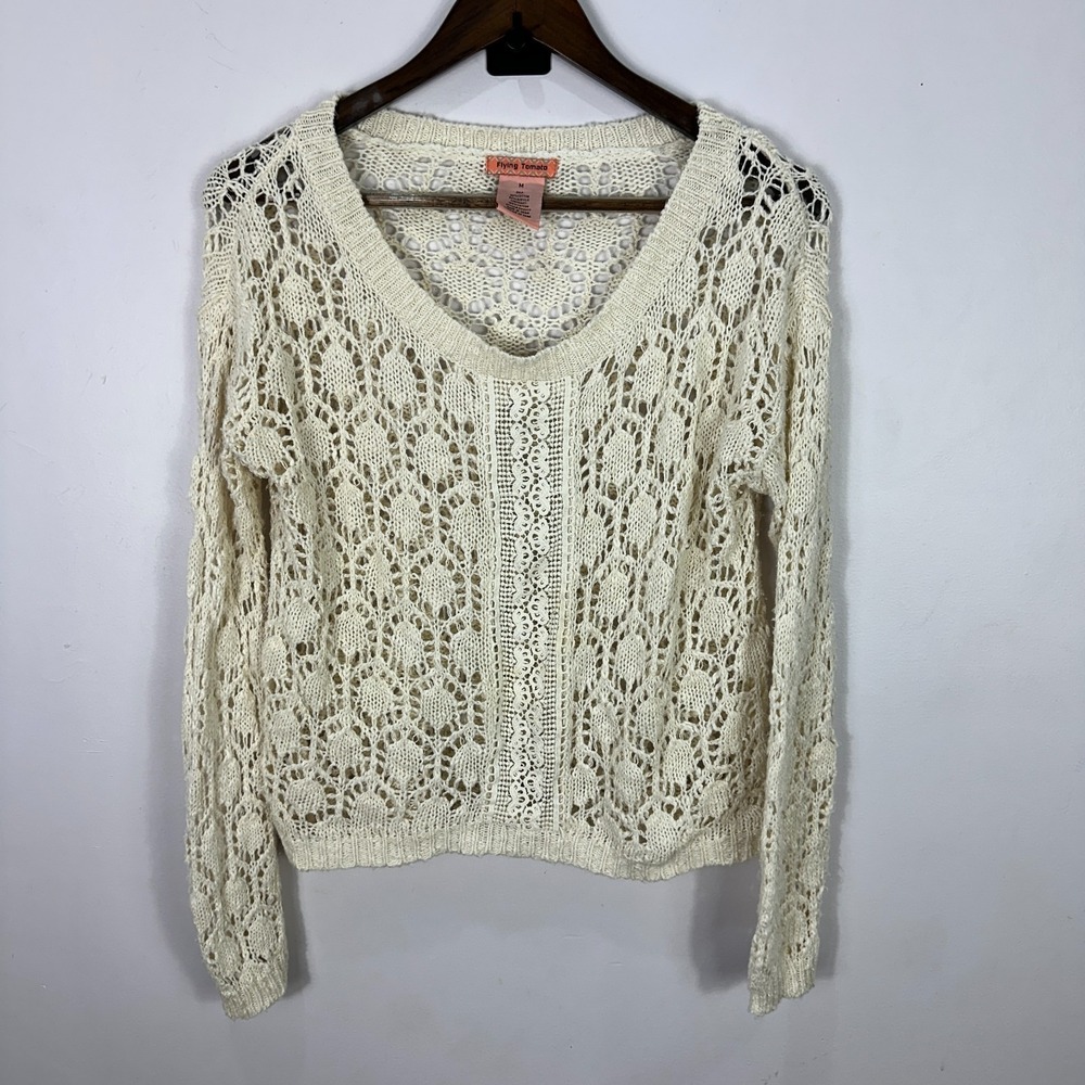 Flying Tomato Sweater M Cream Crochet Open Knit Boho Cottage Coastal Indie Layer - Picture 1 of 6